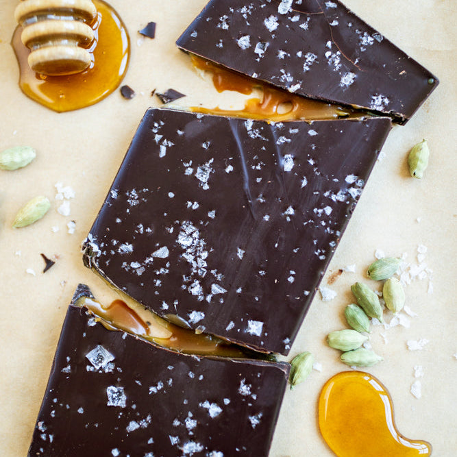 Cardamom and Honey Caramel with Sea Salt Dark Chocolate Bar