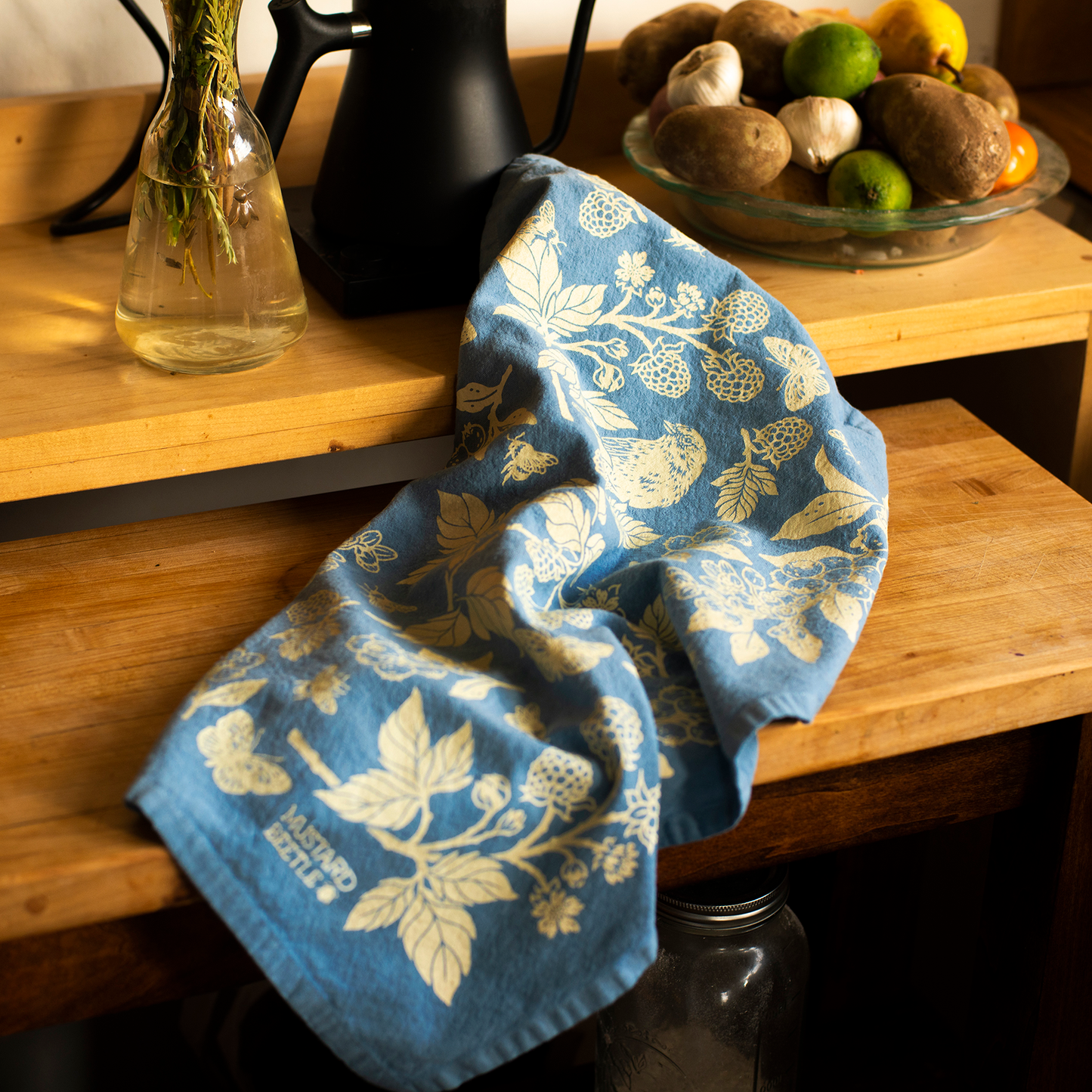 Hand Dyed + Screenprinted Organic Cotton Tea Towel - Berries