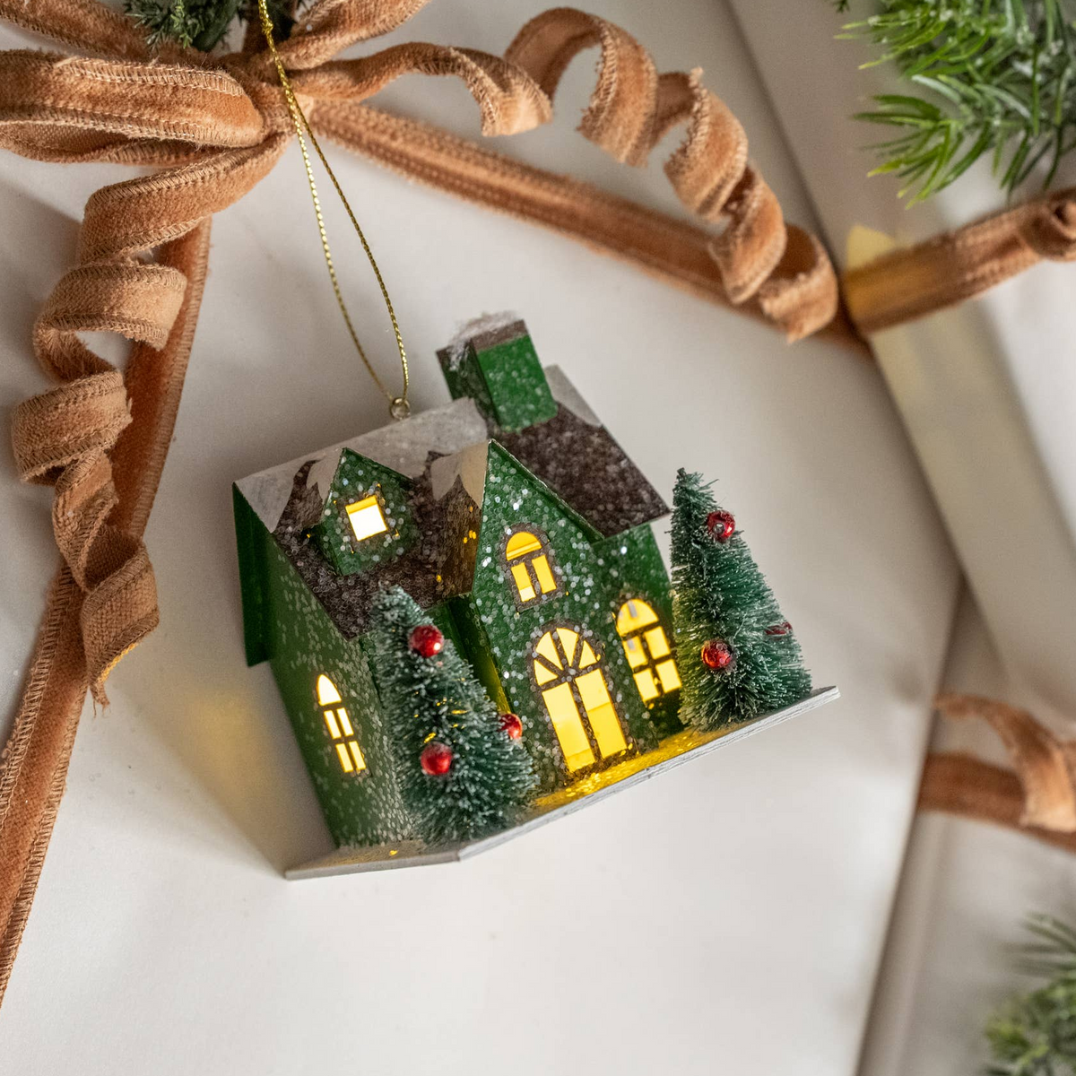 GREEN LIGHTED HOUSE ORNAMENT