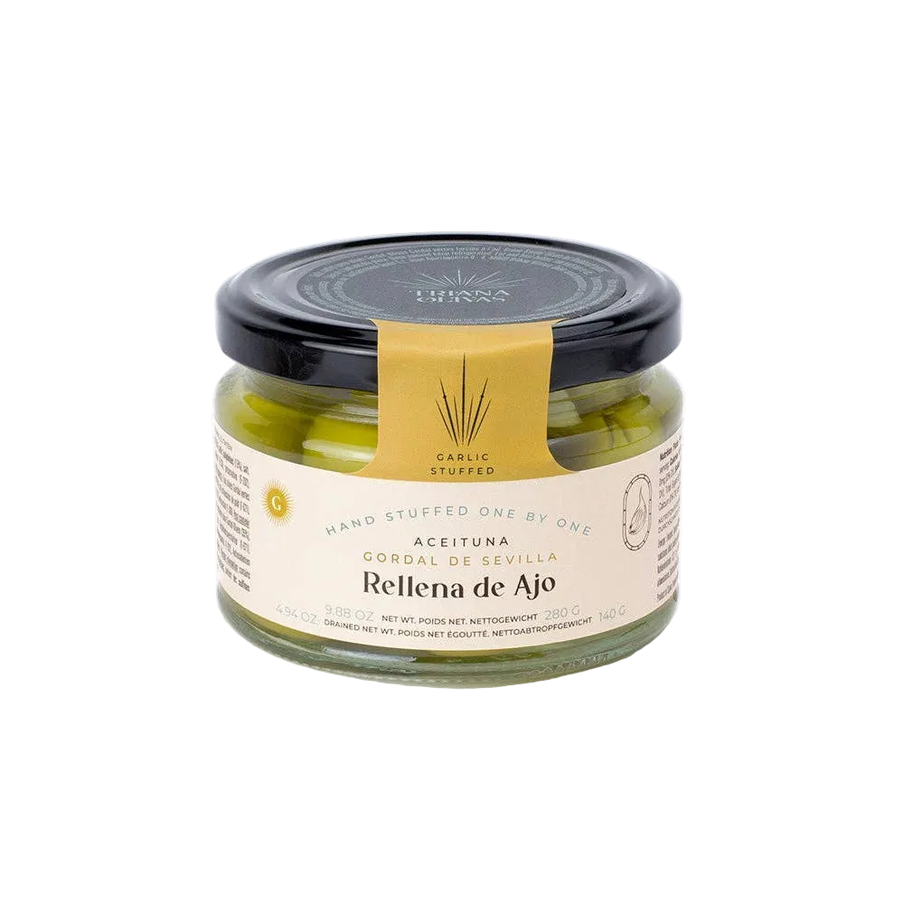 Triana Olivas. Gordal Olives from Seville stuffed w/ Garlic.