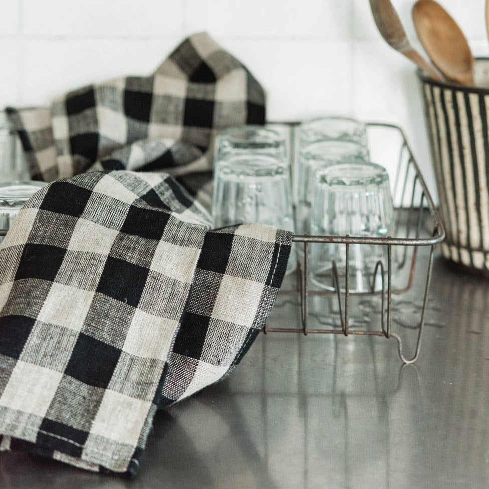 Black and Natural Check Linen Kitchen Cloth