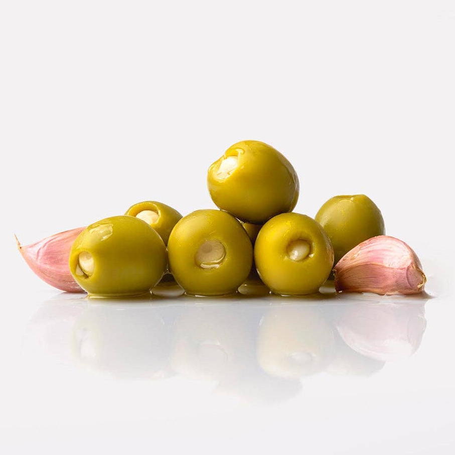 Triana Olivas. Gordal Olives from Seville stuffed w/ Garlic.
