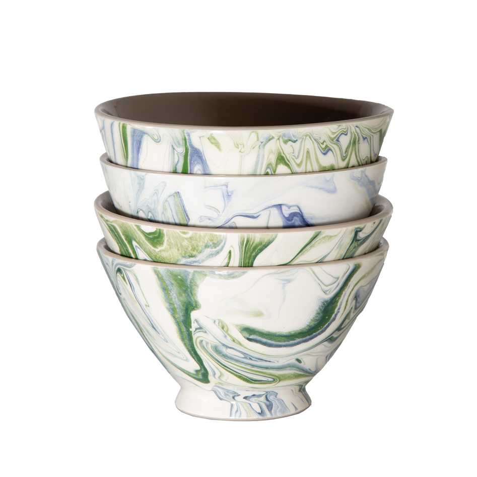 Set of four ceramic bowls with green and white floral patterns on a white background