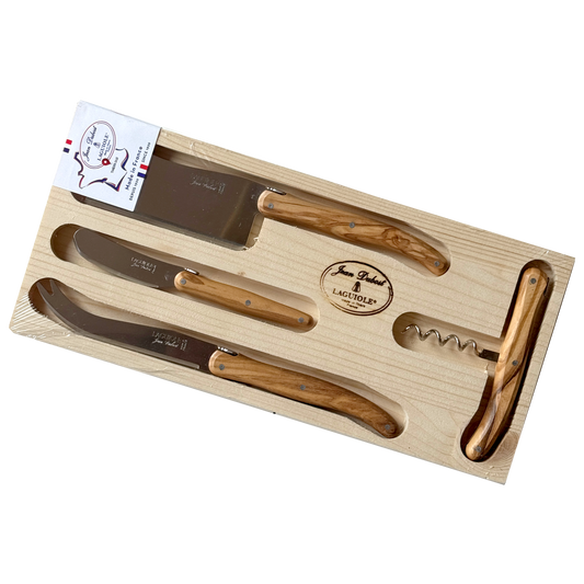 Jean Dubost Olive Wood 4pc Cheese and Wine Set