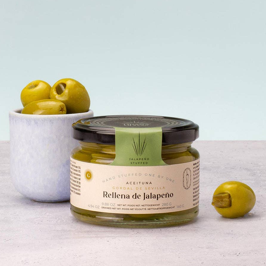 Triana Olivas. Gordal Olives stuffed with Jalapeno Pepper.