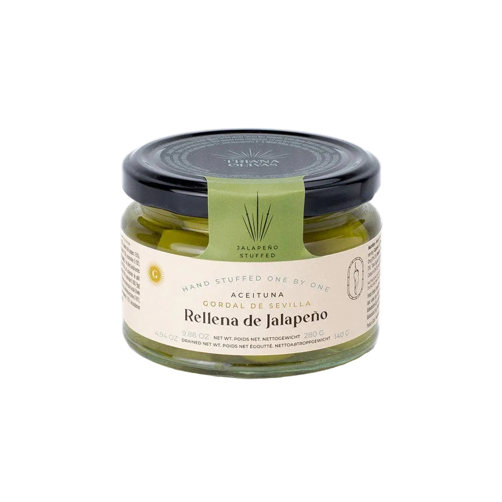 Triana Olivas. Gordal Olives stuffed with Jalapeno Pepper.