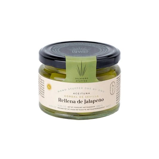 Triana Olivas. Gordal Olives stuffed with Jalapeno Pepper.