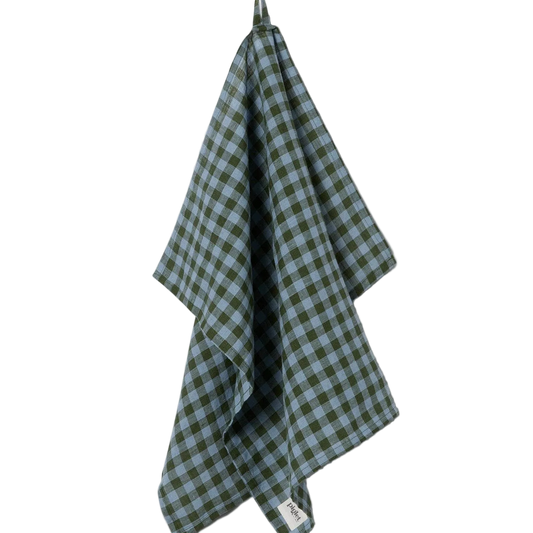 Fern Green & Dusk Blue Colour Drenched Gingham Linen Blend Tea Towel