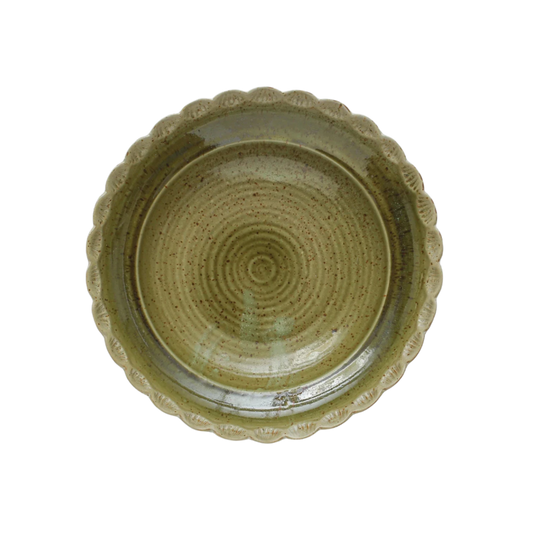 Green Stoneware Bowl with Scallop Edge