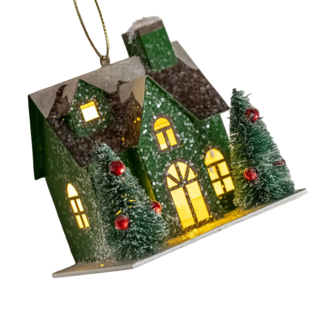 GREEN LIGHTED HOUSE ORNAMENT